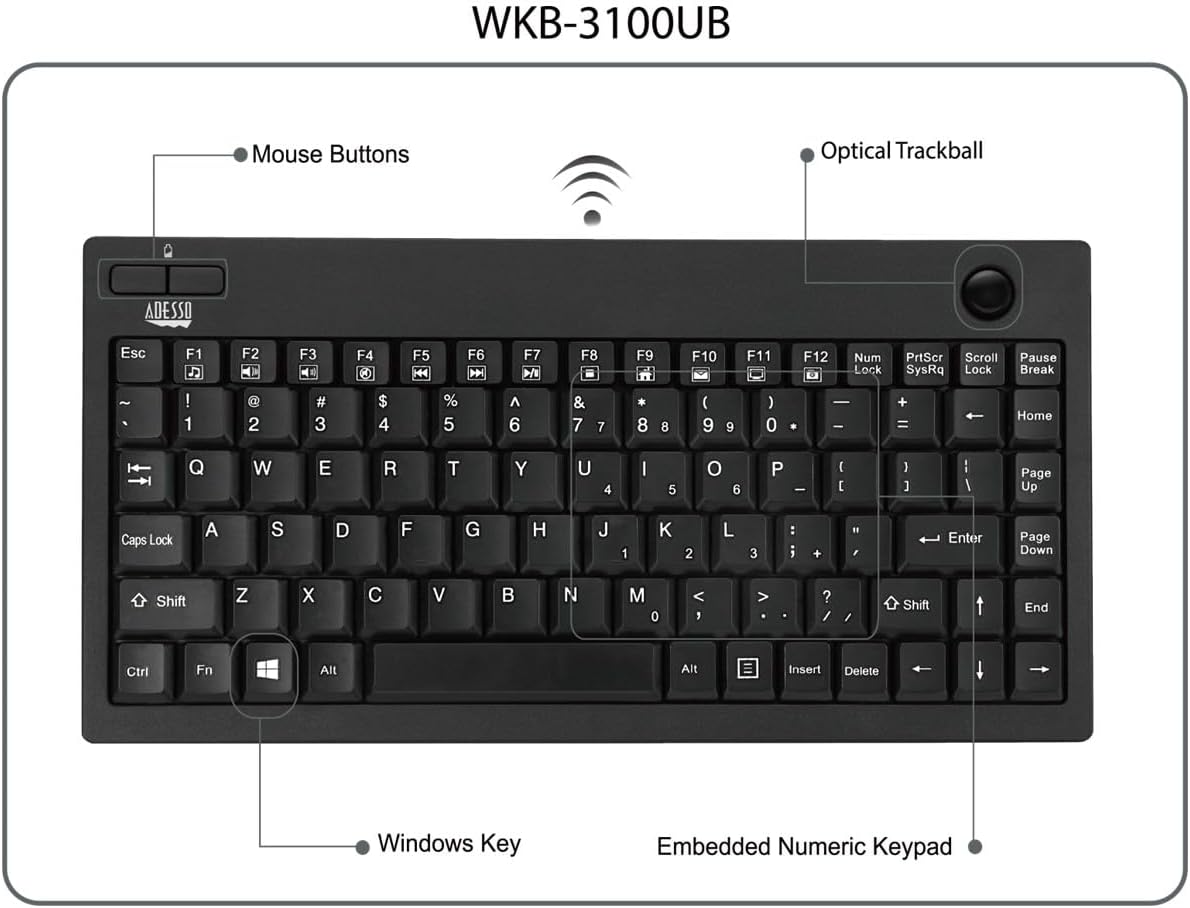 Adesso WKB-3100UB Wireless Keyboard - USB - 87 Keys - Black