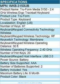 Adesso WKB-3150UB Tru-Form Media 3150 - 2.4 GHz Wireless Ergo Trackball Keyboard