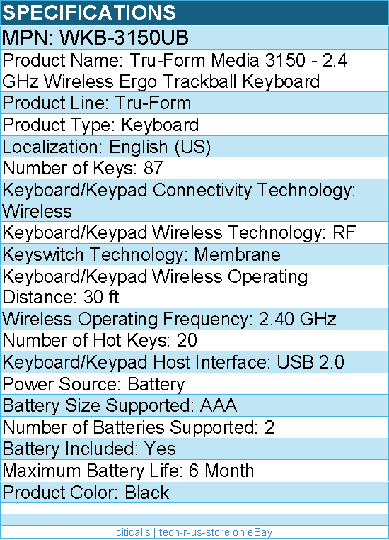 Adesso WKB-3150UB Tru-Form Media 3150 - 2.4 GHz Wireless Ergo Trackball Keyboard