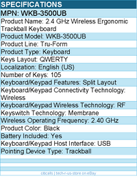 Adesso WKB-3500UB 2.4 GHz Wireless Ergonomic Trackball Keyboard - Wireless