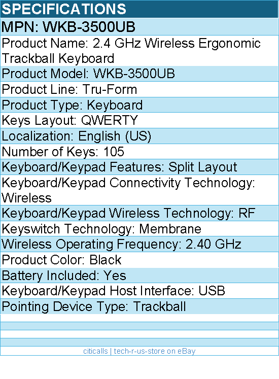Adesso WKB-3500UB 2.4 GHz Wireless Ergonomic Trackball Keyboard - Wireless