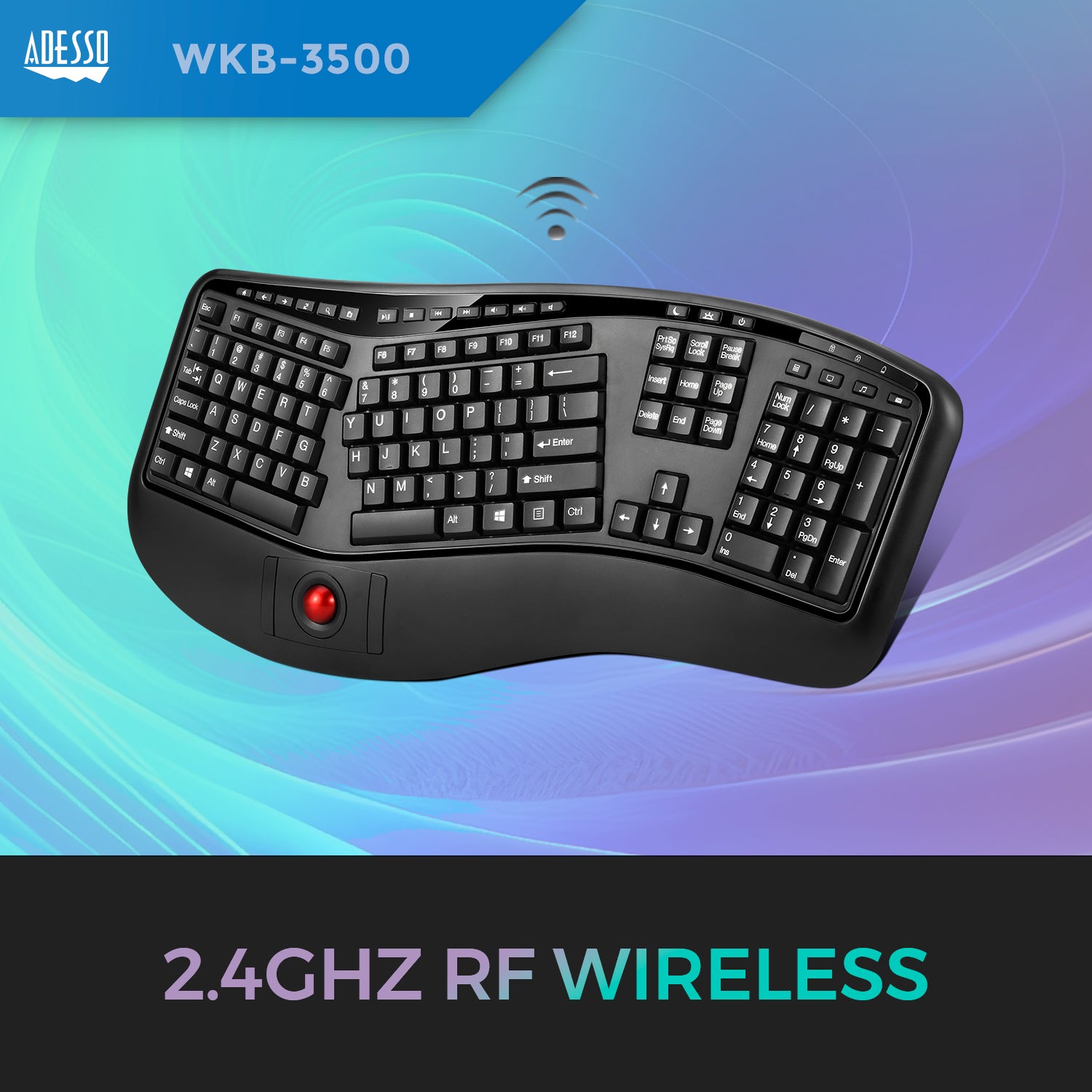 Adesso WKB-3500UB 2.4 GHz Wireless Ergonomic Trackball Keyboard - Wireless