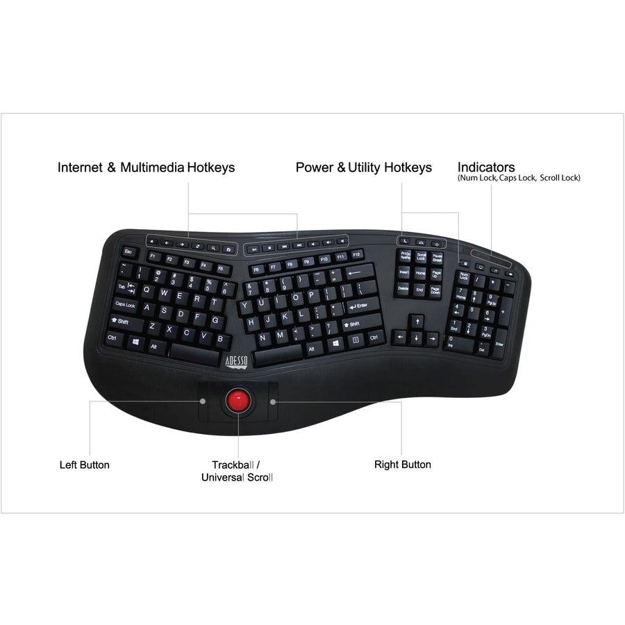 Adesso WKB-3500UB 2.4 GHz Wireless Ergonomic Trackball Keyboard
