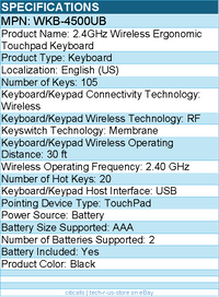 Adesso WKB-4500UB 2.4GHz Wireless Ergonomic Touchpad Keyboard - Full-size
