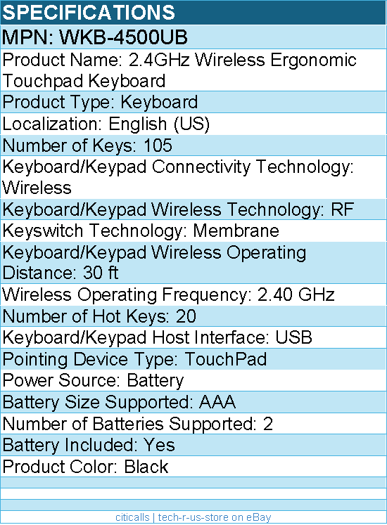 Adesso WKB-4500UB 2.4GHz Wireless Ergonomic Touchpad Keyboard - Full-size