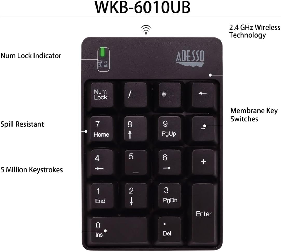 Adesso WKB-6010UB Wireless Spill Resistant 18-Key Numeric Keypad - 18 Key(s)