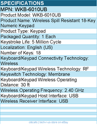 Adesso WKB-6010UB Wireless Spill Resistant 18-Key Numeric Keypad - 18 Key(s)