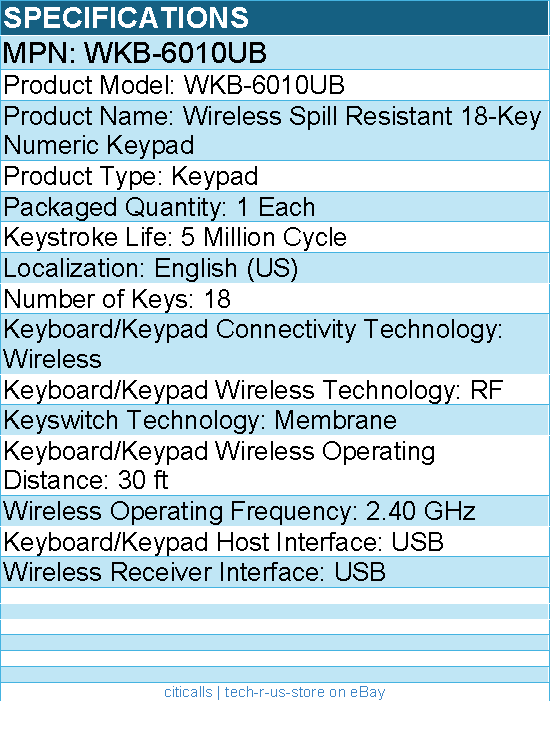 Adesso WKB-6010UB Wireless Spill Resistant 18-Key Numeric Keypad - 18 Key(s)