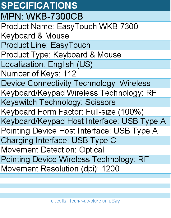 Adesso WKB-7300CB EasyTouch WKB-7300 Keyboard & Mouse - Wireless - USB Type A