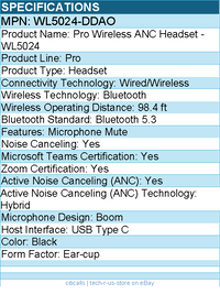 Dell WL5024-DDAO Pro Wireless ANC Headset - WL5024 - Wired/Wireless - Bluetooth