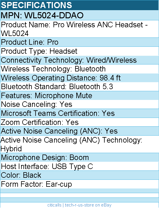 Dell WL5024-DDAO Pro Wireless ANC Headset - WL5024 - Wired/Wireless - Bluetooth