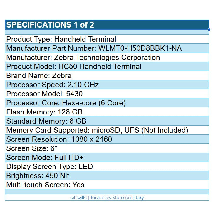 Zebra WLMT0-H50D8BBK1-NA HC50 6" TouchScreen 8G 128GB 1D 2D SE4720Scan Mobile