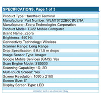 Zebra WLMT0-T22B6CBC2-NA TC22 6" TouchScreen 6GB 64GB 1D 2D SE5500Scan Mobile