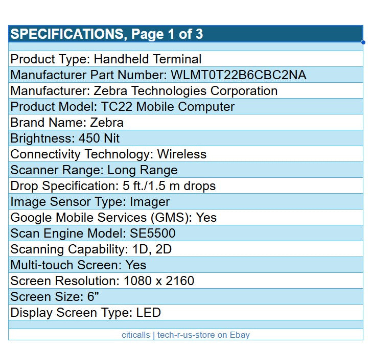 Zebra WLMT0-T22B6CBC2-NA TC22 6" TouchScreen 6GB 64GB 1D 2D SE5500Scan Mobile