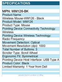Dell WM126-BK Wireless Mouse-WM126 - Optical - USB Type A - 1000 dpi - Black