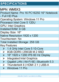 Dell WM5X3 Pro 16 PC16250 16" Notebook - Full HD Plus - 60 Hz - Intel Core 5