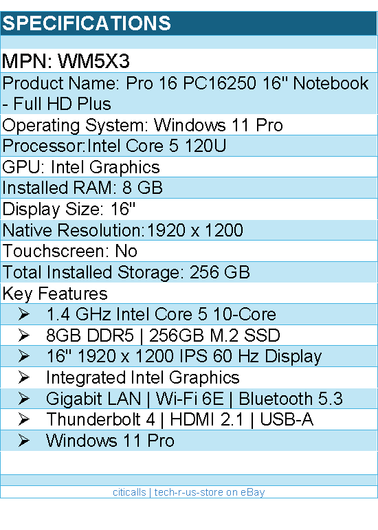 Dell WM5X3 Pro 16 PC16250 16" Notebook - Full HD Plus - 60 Hz - Intel Core 5