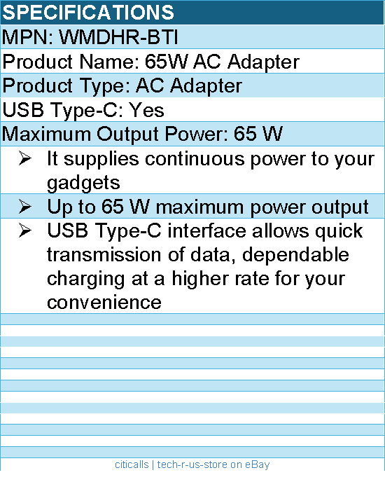 BTI WMDHR-BTI 65W TYPE-C AC ADAPTER - Compatible OEM: WMDHR