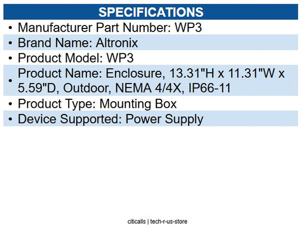 Altronix WP3 NEMA 4/IP 66 Rated Power Supply/Battery Outdoor Enclosure
