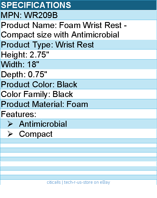 3M WR209B Foam Wrist Rest - Compact size with Antimicrobial - Black