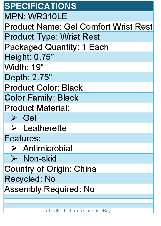 3M WR310LE Gel Comfort Wrist Rest - Black - Gel, Leatherette - 1 Each