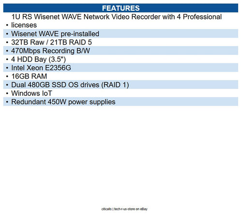 Hanwha WRR-P-E201W-32TB 1U Wisenet WAVE Network Video Recorder