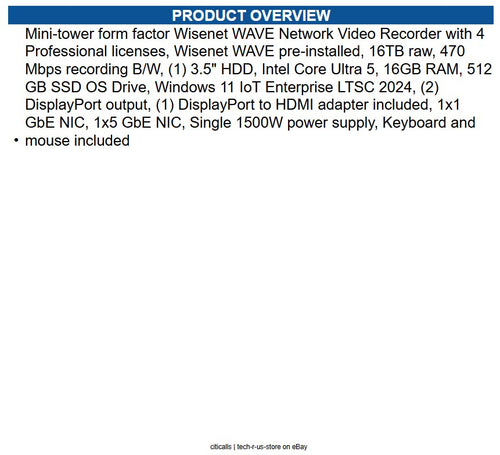 Hanwha WRT-P-5205W-16TB Mini-Tower Wave Recording Server, Windows IoT OS, 16TB