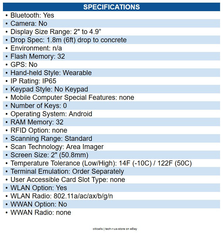 Zebra WS5012-0B3J1020ENA WS501, Back of Hand Mount, 3GB RAM/32GB Flash, SE4770