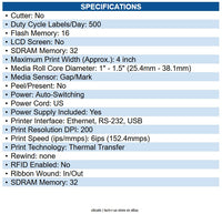 Sato WT202-404NN-EX1-2 WS4-2 Printer, Thermal Transfer, 203dpi, USB/LAN/RS232
