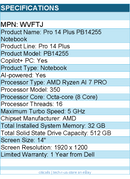 Dell WVFTJ Pro 14 Plus PB14255 14" Clamshell Copilot+ PC Notebook