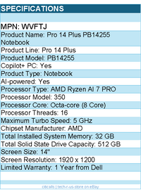 Dell WVFTJ Pro 14 Plus PB14255 14" Clamshell Copilot+ PC Notebook