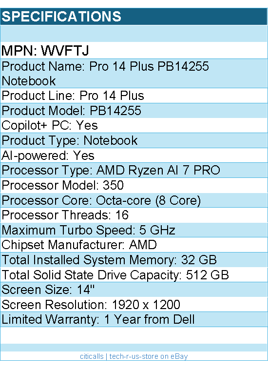 Dell WVFTJ Pro 14 Plus PB14255 14" Clamshell Copilot+ PC Notebook