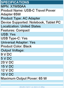 HPI X7W50AA USB-C Travel Power Adapter 65W - Lightweight design - Black