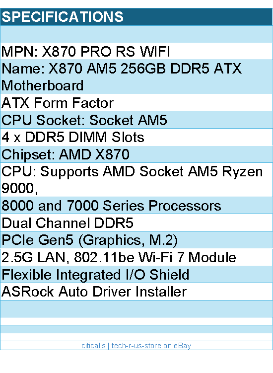 ASRock X870 Pro RS WiFi Motherboard - X870 AM5 256GB DDR5 ATX Retail