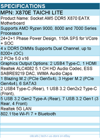 ASRock X870E Taichi Lite Motherboard - AM5 Max.256GB DDR5 EATX Retail