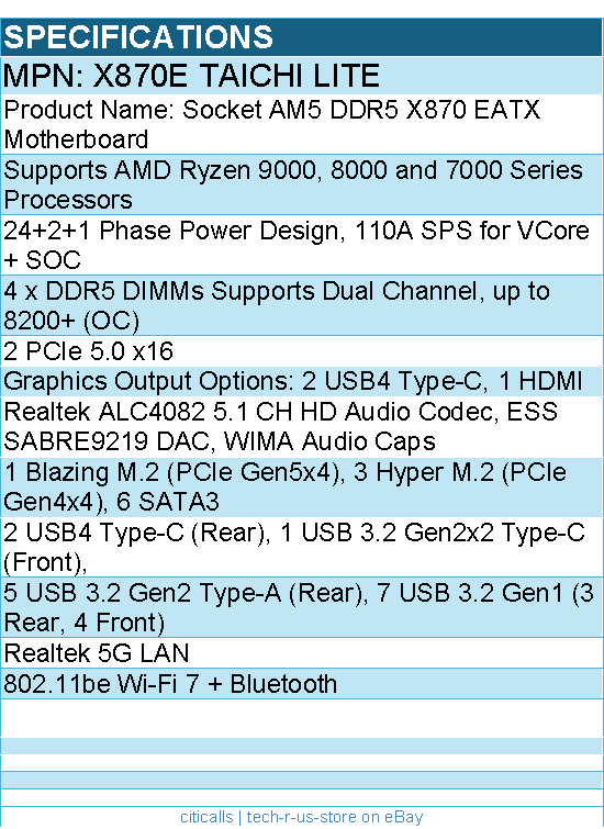 ASRock X870E Taichi Lite Motherboard - AM5 Max.256GB DDR5 EATX Retail