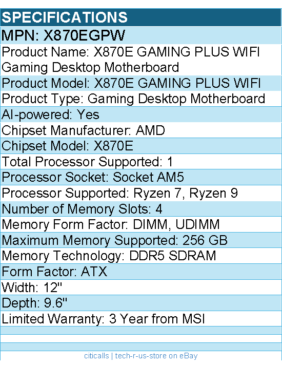 MSI X870EGPW X870E GAMING PLUS WIFI Gaming Desktop Motherboard - AMD
