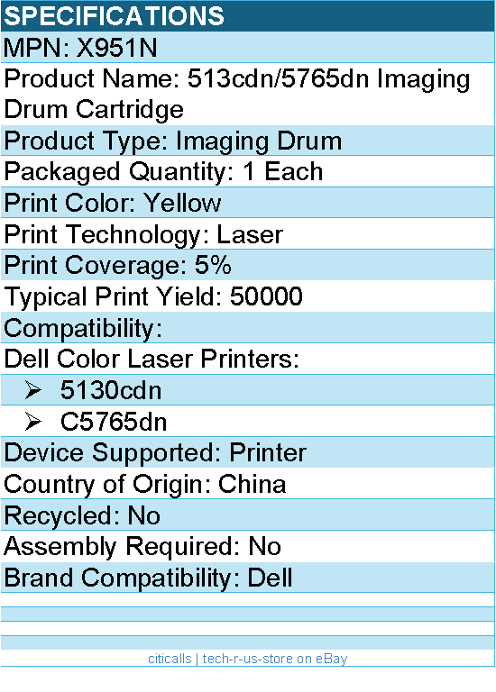 Dell X951N 513cdn/5765dn Imaging Drum Cartridge - Laser Print Technology