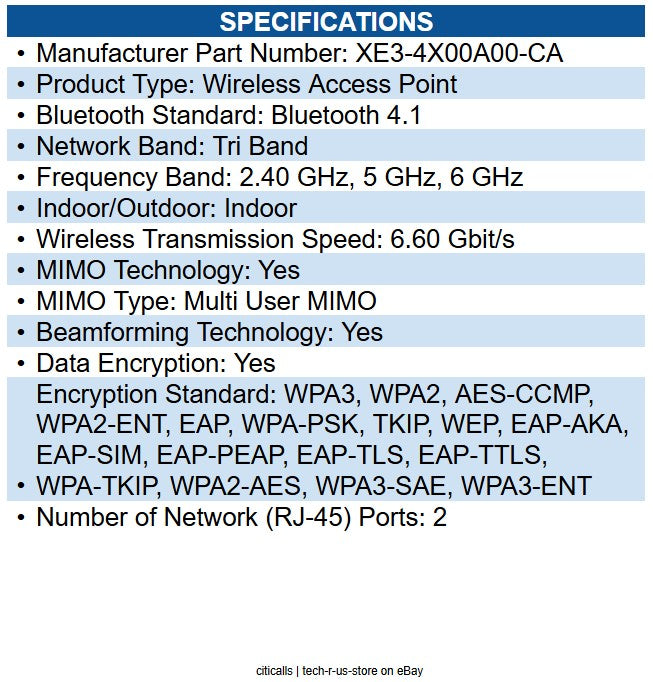 Cambium Networks XE3-4X00A00-CA XE3-4 Tri Band Wi-Fi 6E IEEE 802.11a/b/g/n/ac/ax