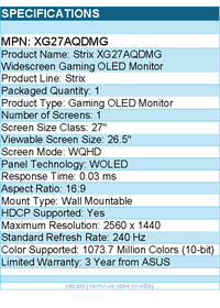 ASUS XG27AQDMG ROG Strix 27" Class WQHD Gaming OLED Monitor - 16:9 - Black
