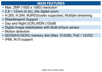Hanwha XNP-6040HW 2MP 4.3X PTZ Camera, 2.8-12mm Varifocal Lens, 24x Digital Zoom