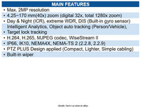 Hanwha XNP-C6403RW 2MP 40x AI PTZ Camera with Built-In Wiper, ICR, WDR, IP66