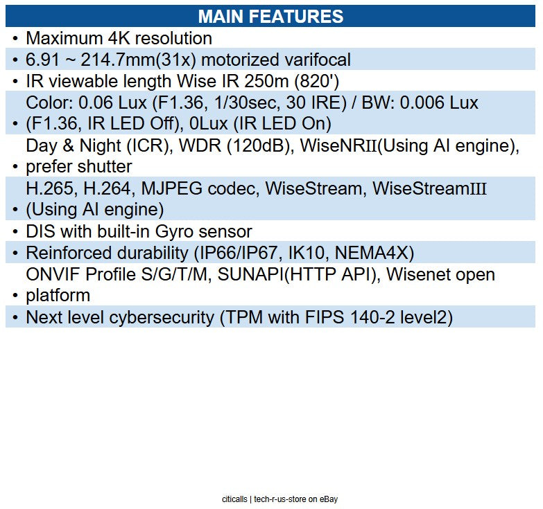 Hanwha XNP-C9310R 4K 8MP IR Vision AI Focus PTZ IP Camera, 31x Zoom
