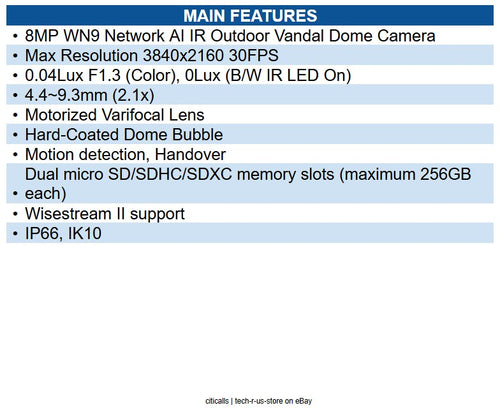 Hanwha XNV-A9084R 8MP IR Outdoor Vandal AI Dome IP Camera, 4.4-9.32mm Lens