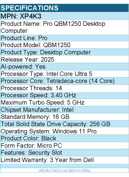 Dell XP4K3 Pro QBM1250 Desktop Computer - Intel Core Ultra 5 235 - Micro PC
