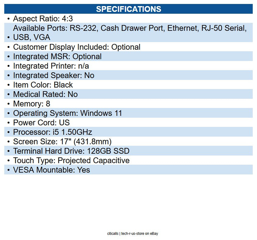 Posiflex XT8317259FGT XT8317 17" Touchscreen POS Terminal 8m G8e128s I51155 W116