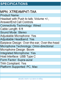 Adesso XTREAMP4T-TAA Headset with Push to talk - Stereo - USB Type C - Wired