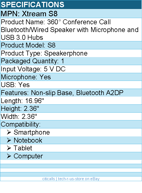 Adesso XTREAM S8 360 degree Conference Call Bluetooth/Wired Speaker w Microphone