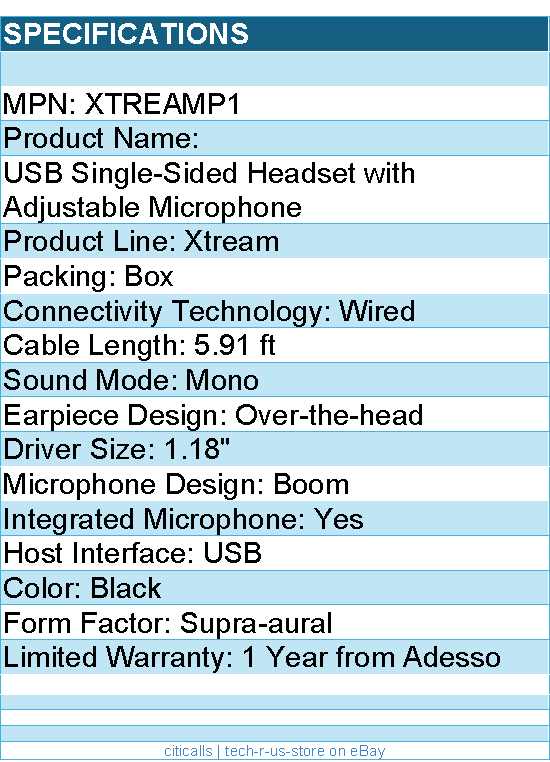 Adesso XtreamP1 USB Single-Sided Headset with Adjustable Microphone