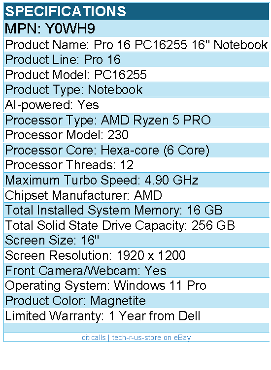 Dell Y0WH9 Pro 16 PC16255 16" Notebook - Full HD Plus - 60 Hz - AMD Ryzen 5